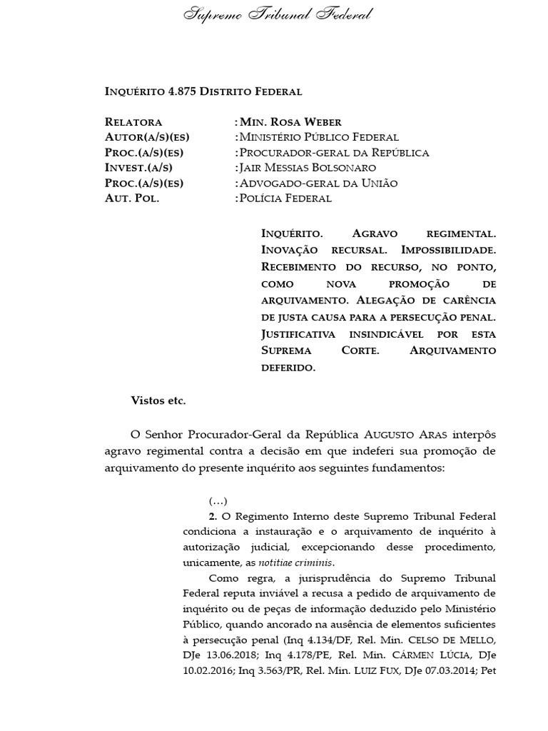 Arquivamento do Inquérito 4875/DF | PDF | Constituição | Crimes