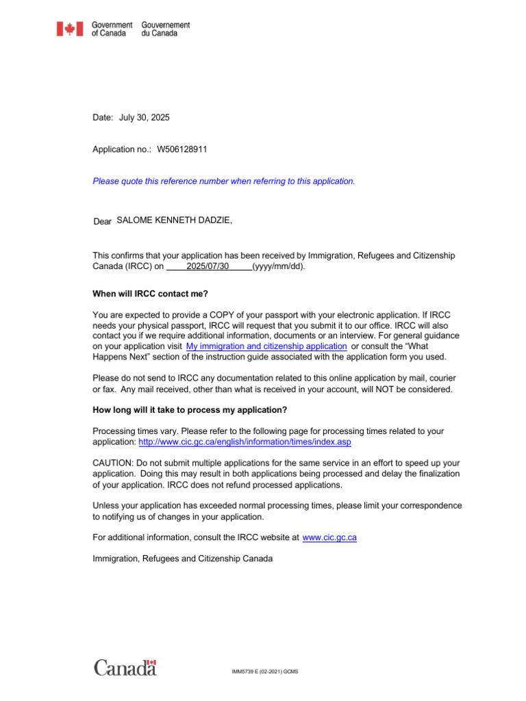 IRCC Application Confirmation Notice | PDF