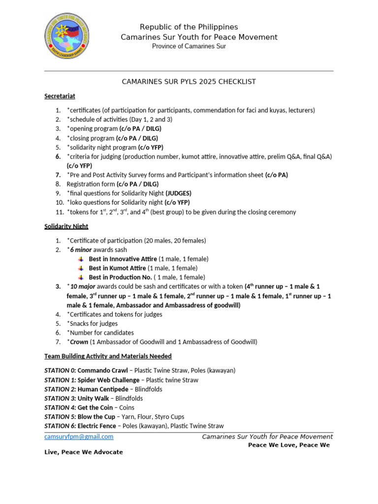 Camarines Sur Youth Peace Movement Checklist | PDF
