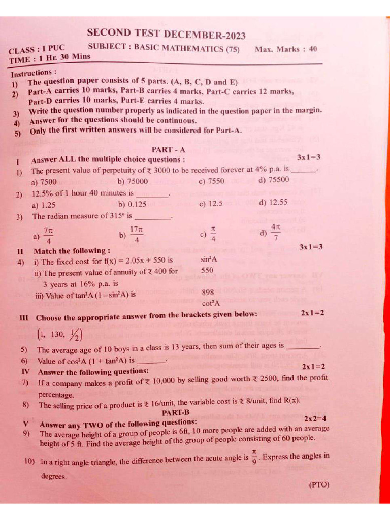 II Test Basic Maths QP | PDF