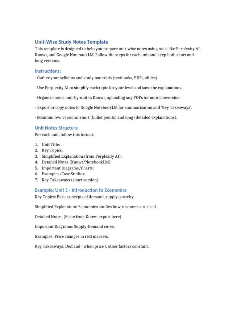 Unit-Wise Study Notes Template Guide | PDF