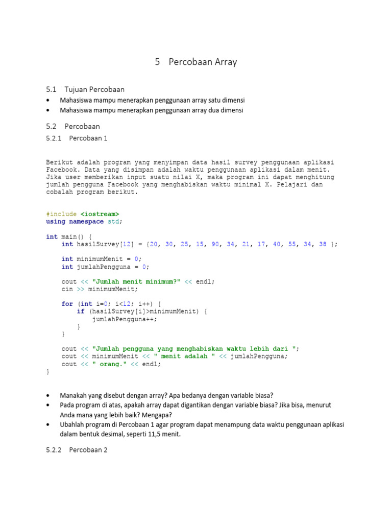Percobaan Penggunaan Array dalam C++ | PDF
