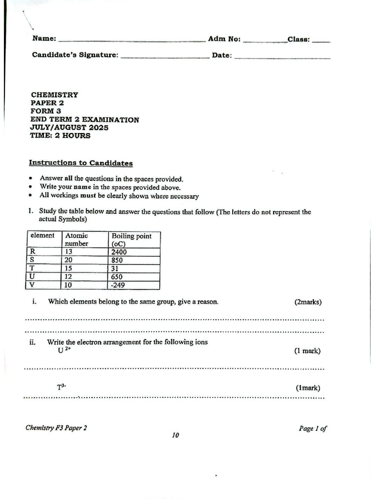 Chemistry Form 3 August Holiday Assignment | PDF