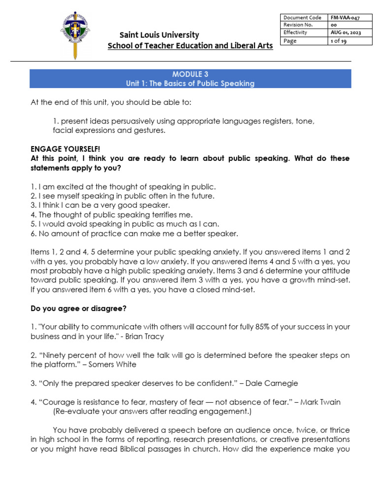 Module 3 The Basics of Public Speaking | PDF | Public Speaking | Speech