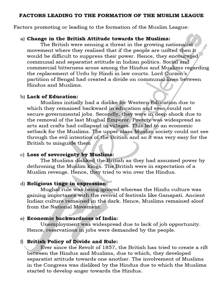 Factors Behind Muslim League Formation | PDF | British Raj | All India ...