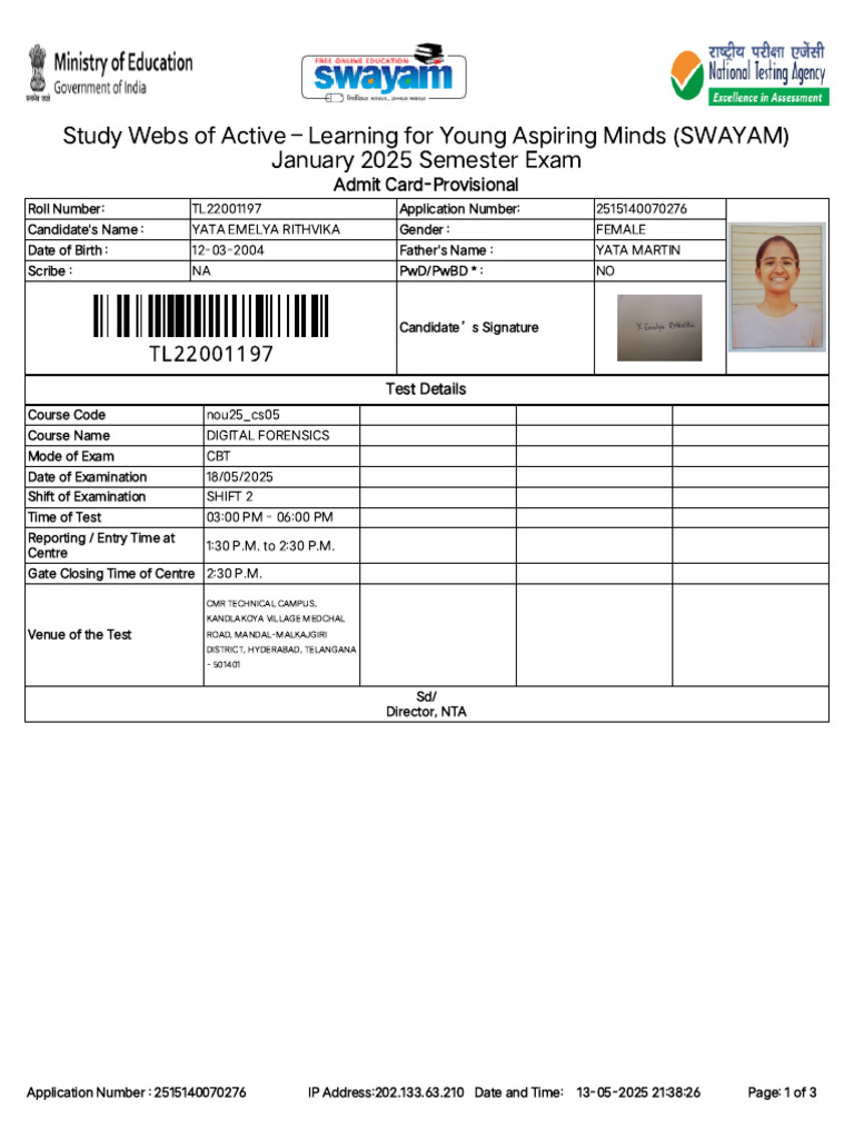 SWAYAM Digital Forensics Exam Admit Card | PDF | Identity Document