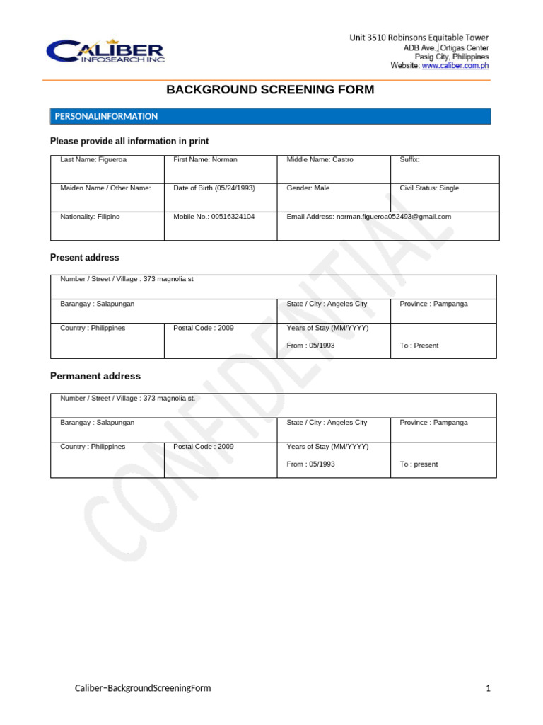Caliber Background Screening Form | PDF