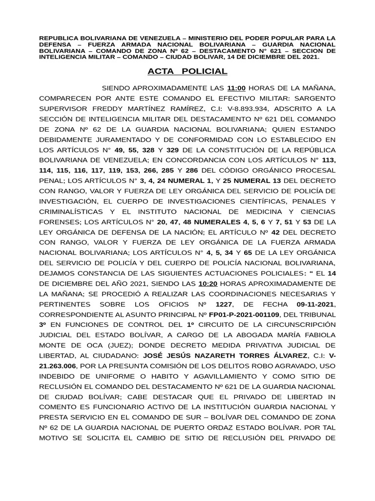 Acta Policial sobre Reclusión de Funcionario | PDF | Justicia | Crimen ...