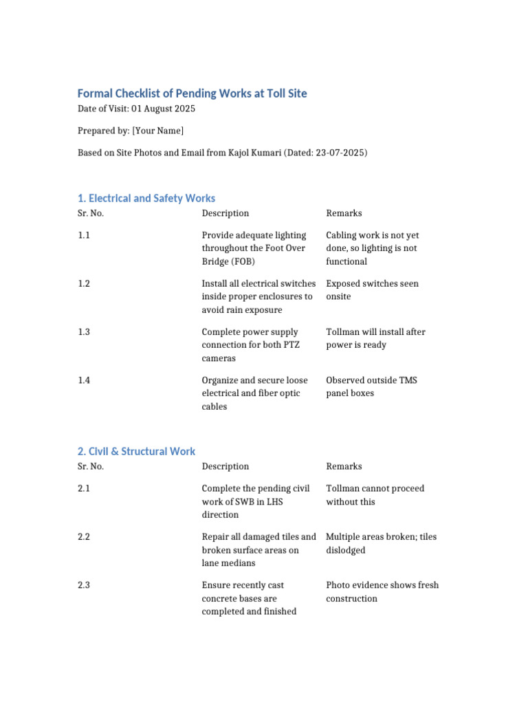 Toll Site Pending Works Checklist | PDF
