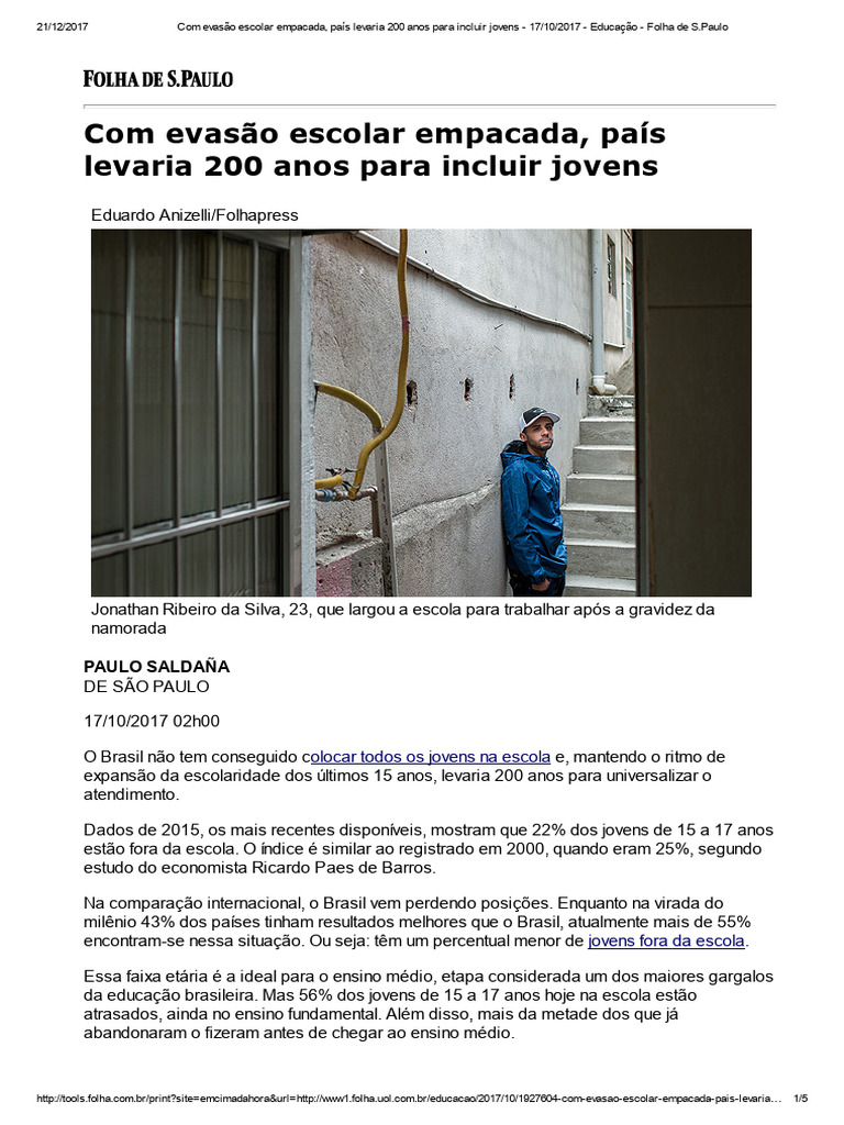 Com Evasão Escolar Empacada, País Levaria 200 Anos para Incluir Jovens ...