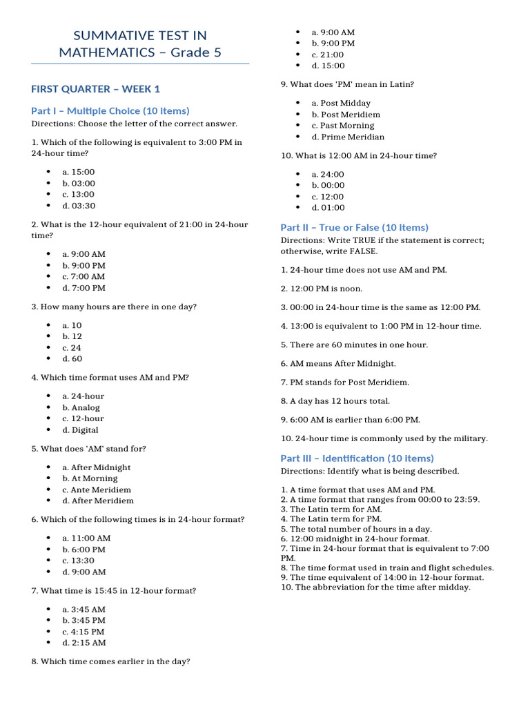 Grade 5 Math Summative Test: Time Formats | PDF | Chess Theory | Chess