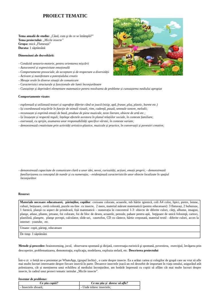 Planificare Saptamanala Proiect Tematic Grupa Mica Micile Insecte | PDF