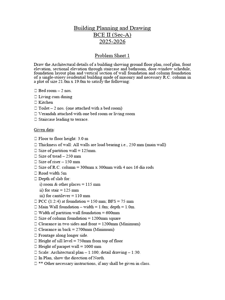 Problem Sheet 1 - Building Planning and Drawing - BCE II - 2025-2026 | PDF
