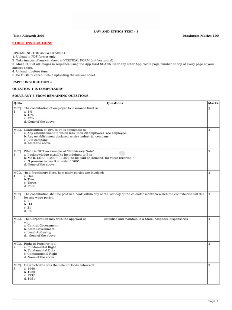 Law and Ethics Test Instructions and Questions | PDF | Guarantee ...
