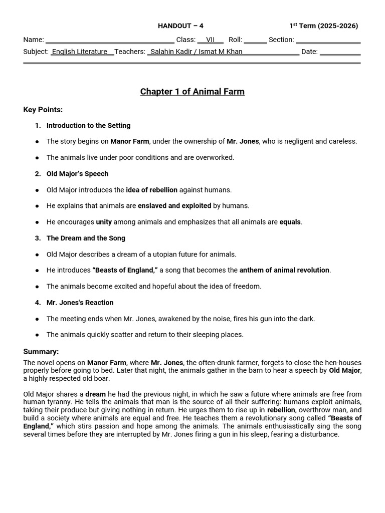 Key Points of Animal Farm Chapter 1 | PDF