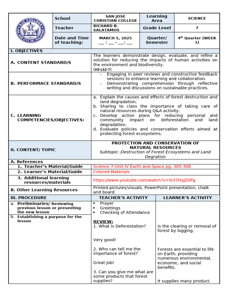 Detailed Lesson Plan Grade 7 Science Initial Demo Richard B. Salatamos ...