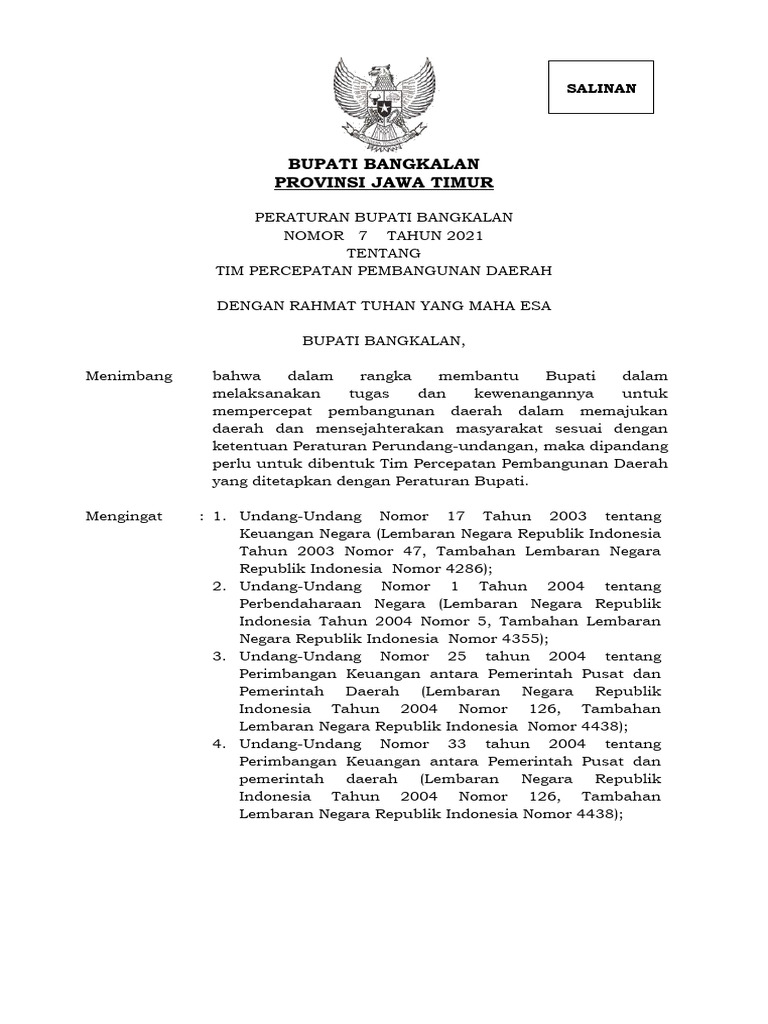 Peraturan Bupati Bangkalan TPPD 2021 | PDF