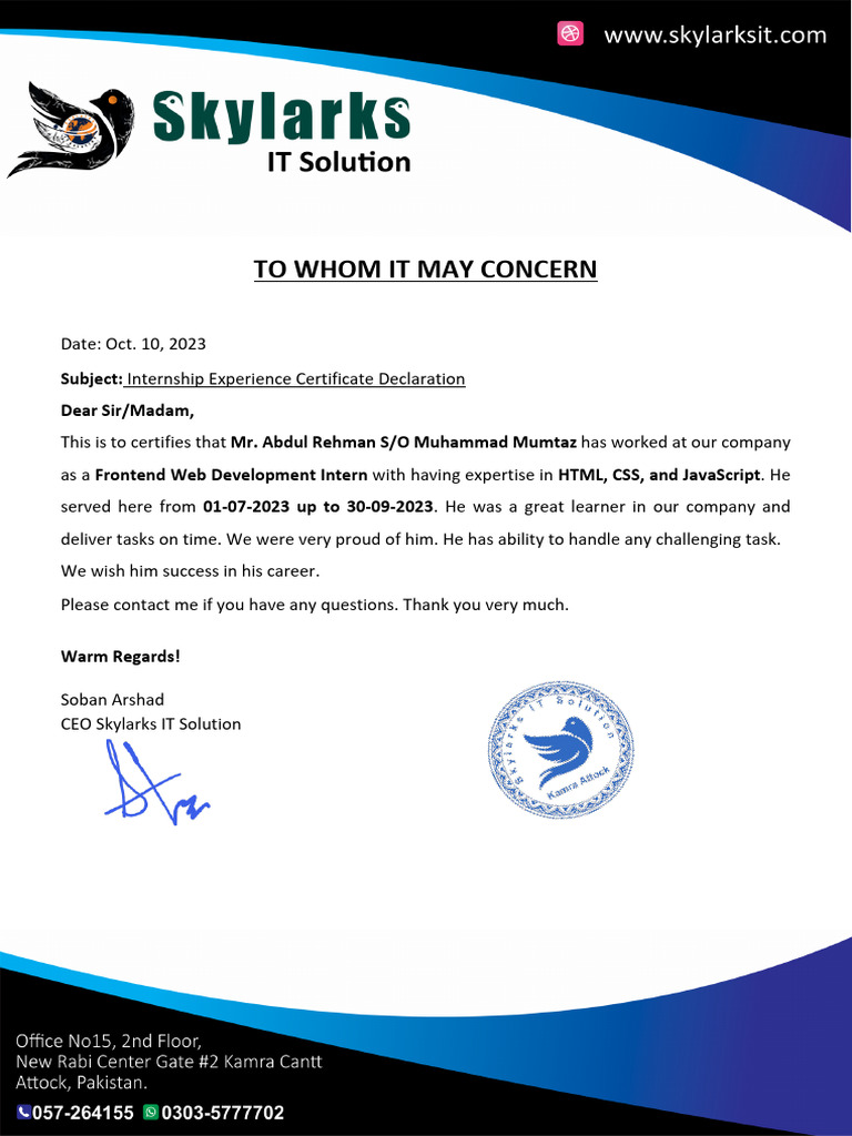 Internship Certificate for Web Developer | PDF
