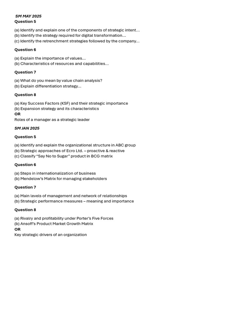 Strategic Management Exam Questions 2025 | PDF