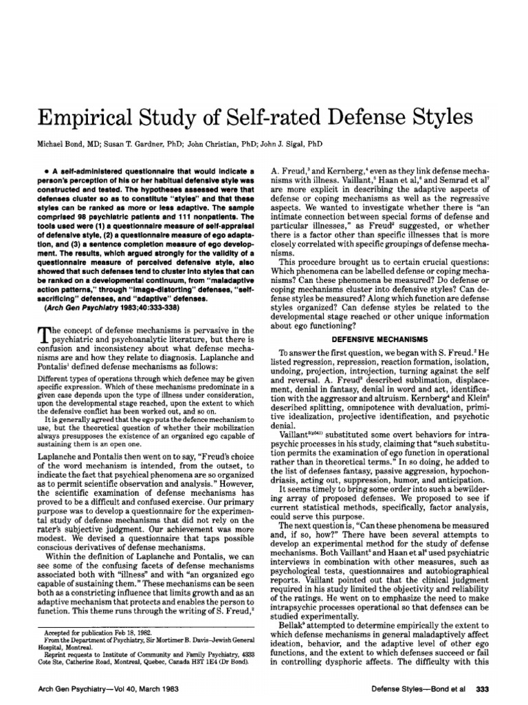 Study of Self-Rated Defense Styles | PDF | Psychology | Psychological ...