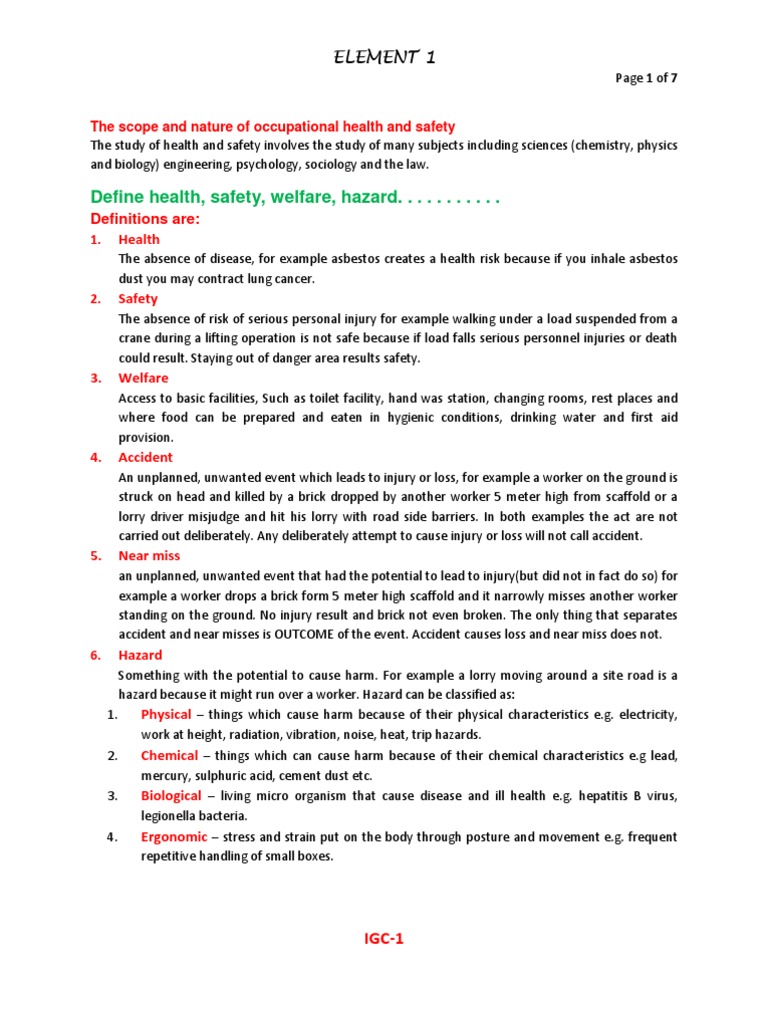 Nebosh IGC Element 1. Foundations in Health and Safety (Notes