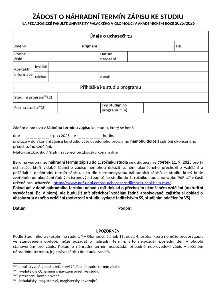Zadost o Nahradni Termin Zapisu Ke Studiu 2025 | PDF