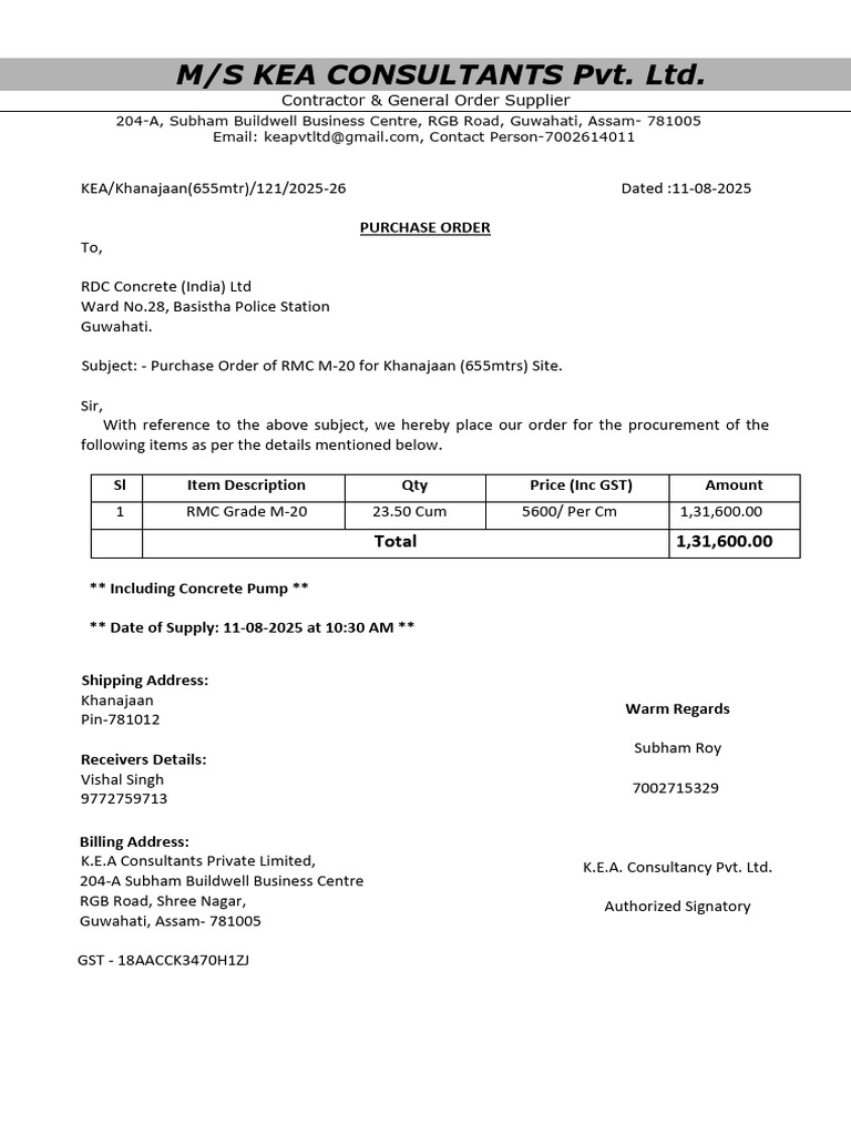 Purchase Order for RMC M-20 Supply | PDF