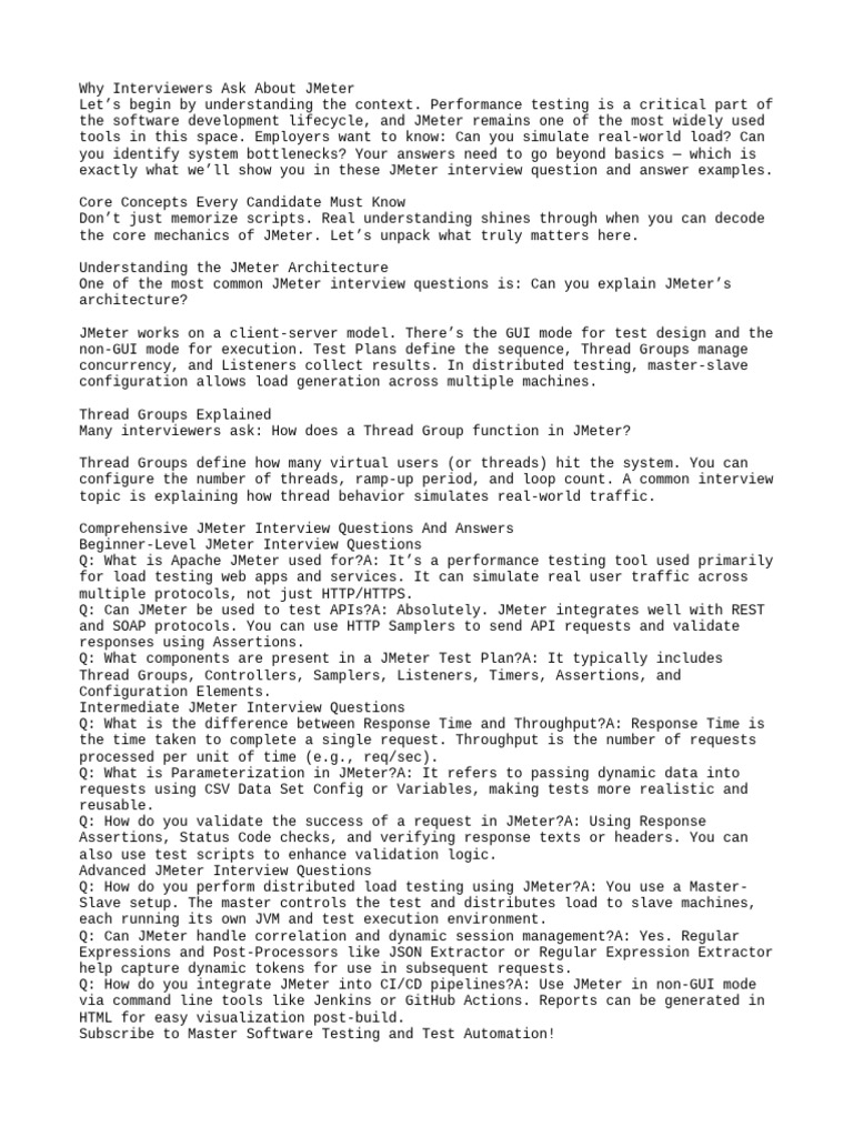 Essential JMeter Interview Insights | PDF | Software Testing | Thread ...