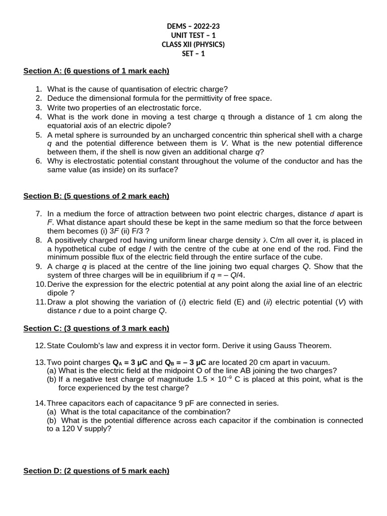 Unit Test - Physics - Set 1 | PDF | Capacitor | Capacitance