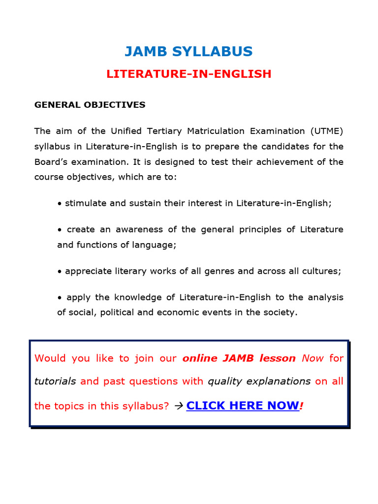 JAMB Literature Syllabus 2026 Overview | PDF | Poetry | Literary Theory