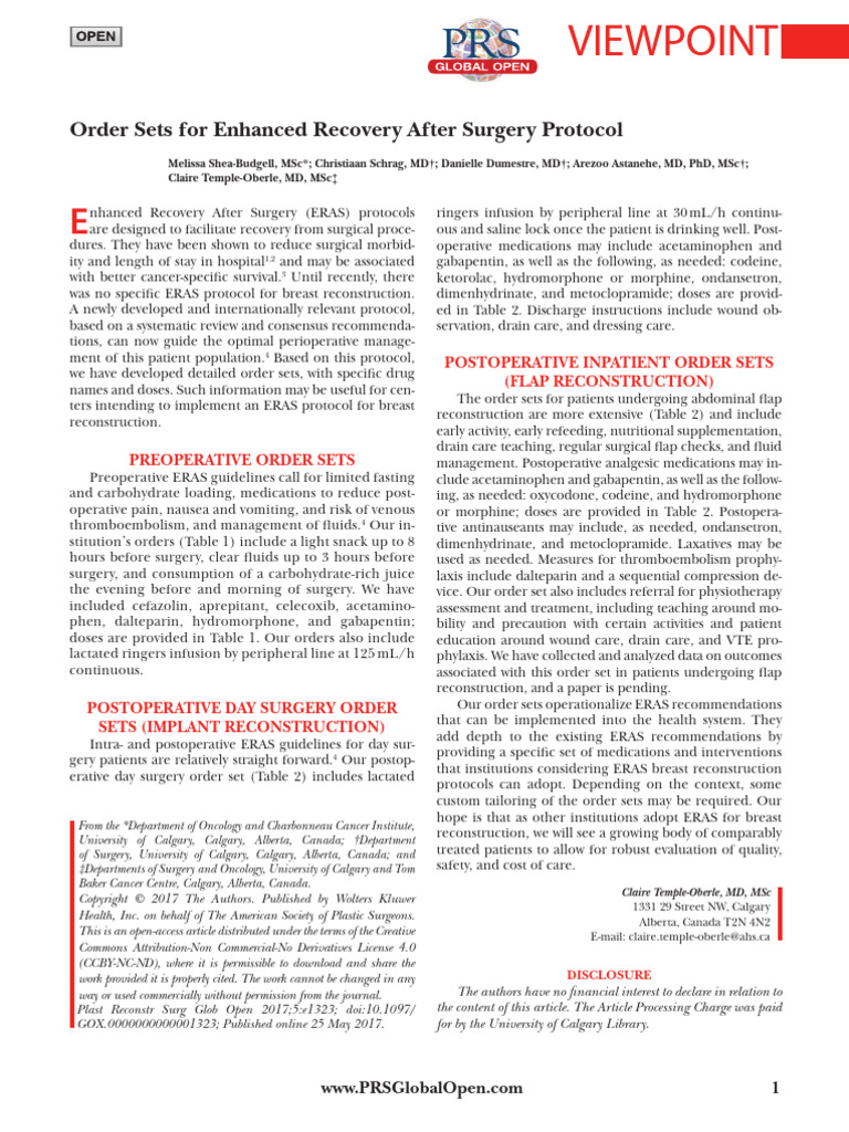 ERAS Protocols for Breast Reconstruction | PDF | Intravenous Therapy ...