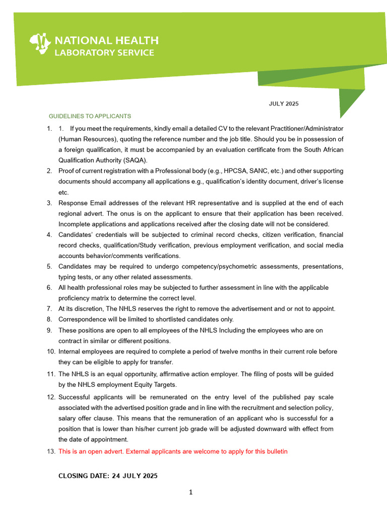 NHLS July 2025 Joint Appointment Bulletin | PDF | Pathology | Doctor Of ...