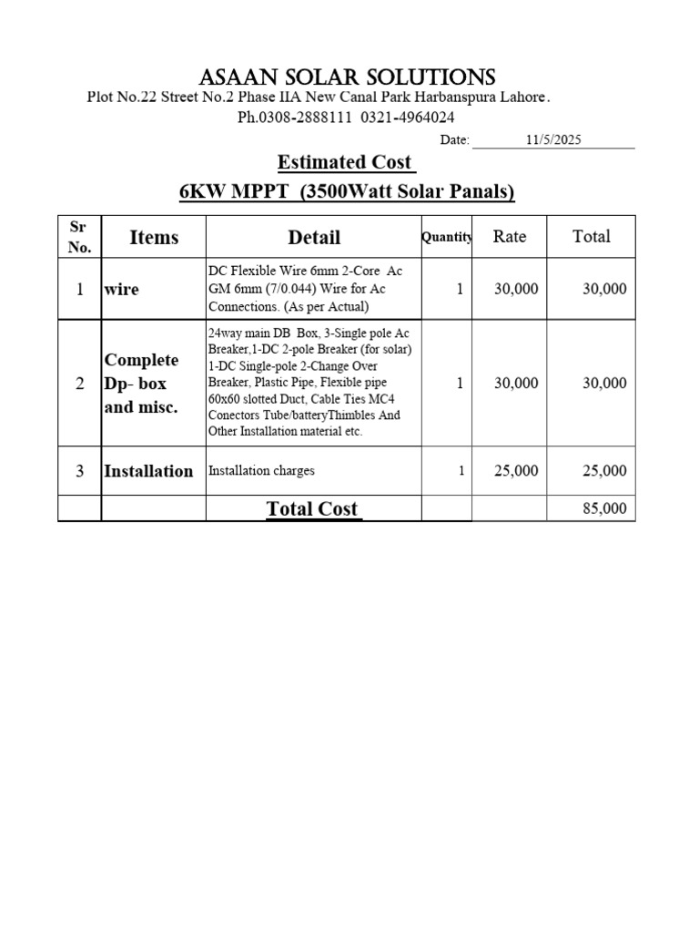 Solar Installation Quotation Breakdown | PDF
