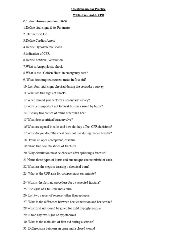 First Aid & CPR Questionnaire Guide | PDF | Cardiopulmonary ...