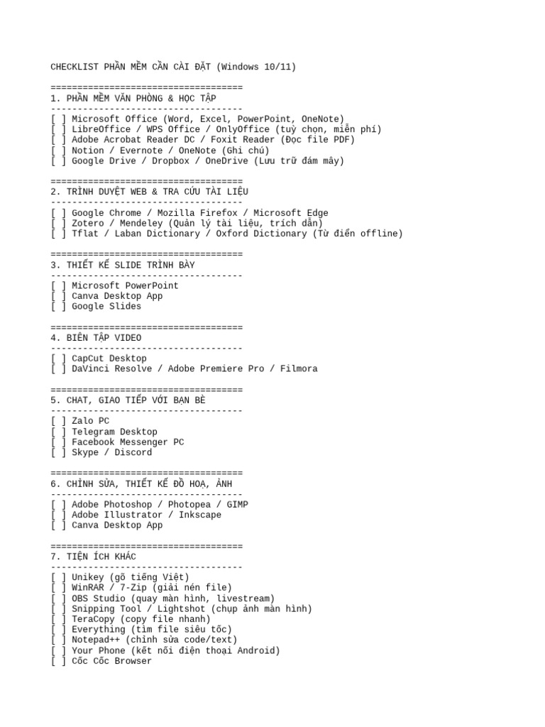 Checklist Cai Phan Mem | PDF