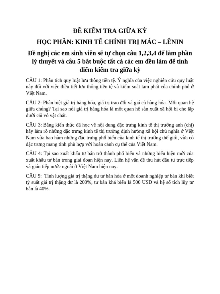 ĐỀ KIỂM TRA MÔN KTCT MAC LENIN | PDF