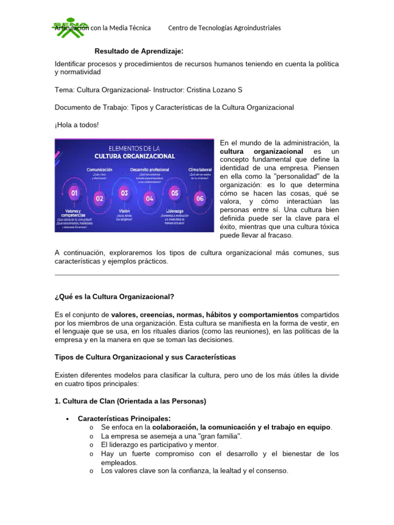 Tipos y Características de la Cultura Organizacional | PDF | Cultura ...