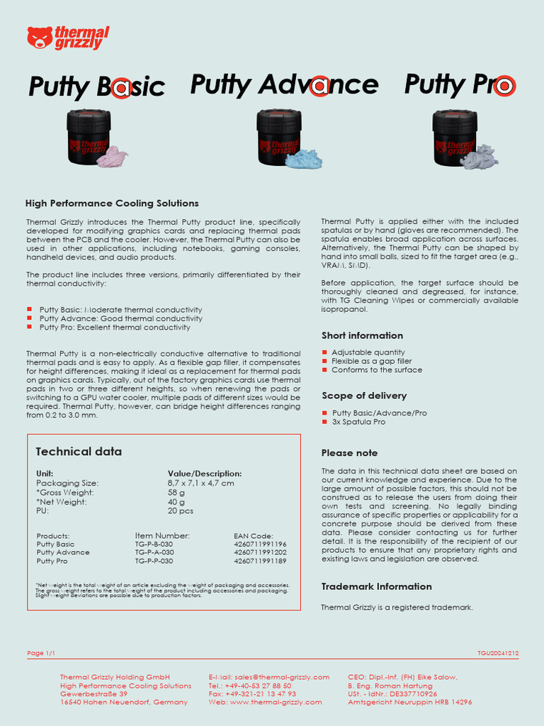 Thermal Grizzly Putty Advance Overview | PDF | Computing | Computer ...