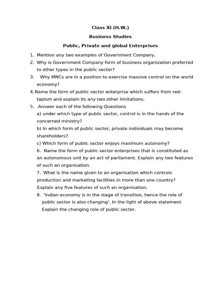 Public Sector Enterprises in Class 11 | PDF