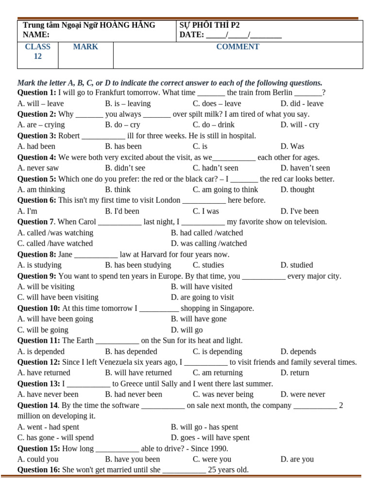 English Tenses Practice Questions | PDF