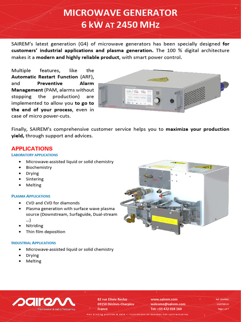 Sairem 6 kW Microwave Generator G4 | PDF | Power Supply | Microwave