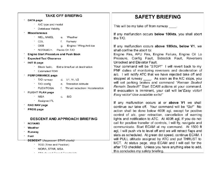 A320 Take Off, Approach and Safety Briefing | PDF