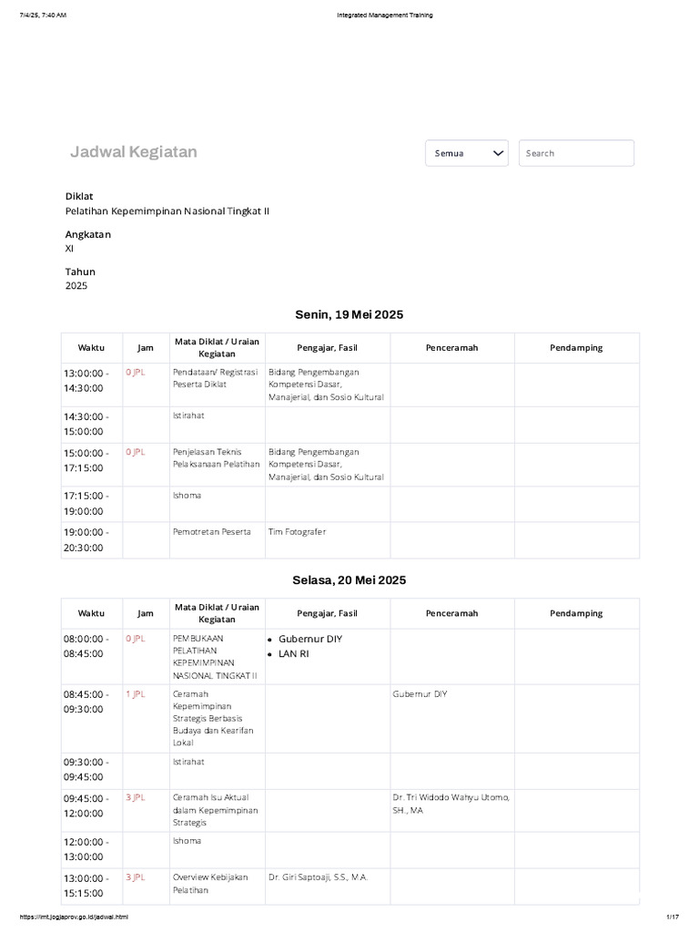 Integrated Management Training - Jadwal-PKN-II | PDF