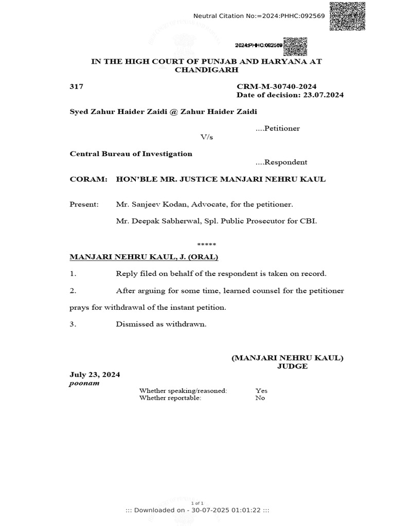 CBI Case Dismissed: Zaidi Petition Withdrawn | PDF