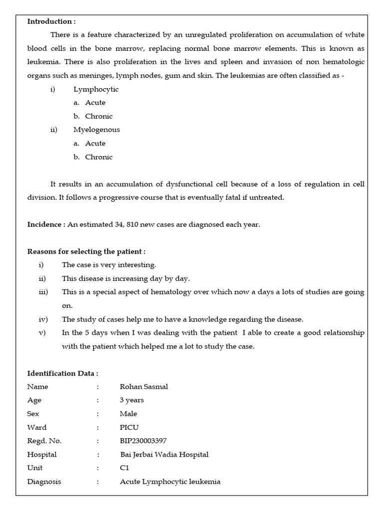 Acute Lymphocytic Leukemia Case Study PDF Leukemia