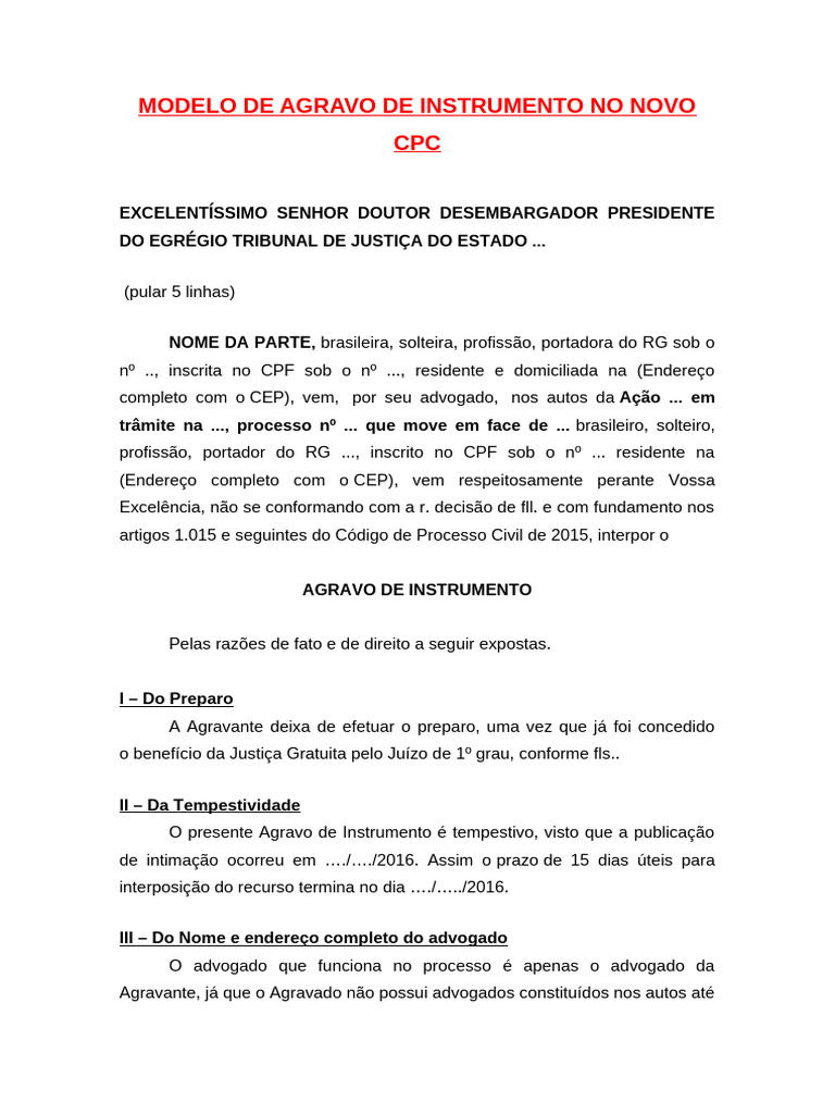 85 Modelo de Agravo de Instrumento No Novo CPC | PDF | Advogado ...