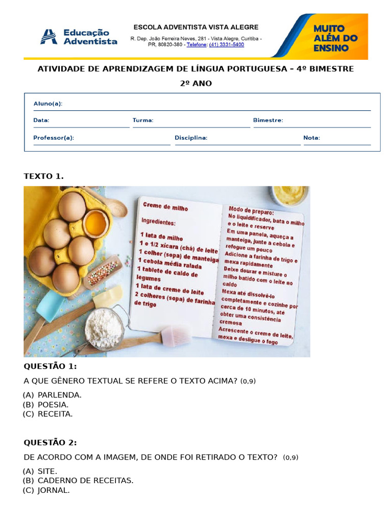 Atividade de Língua Portuguesa 2º Ano | PDF