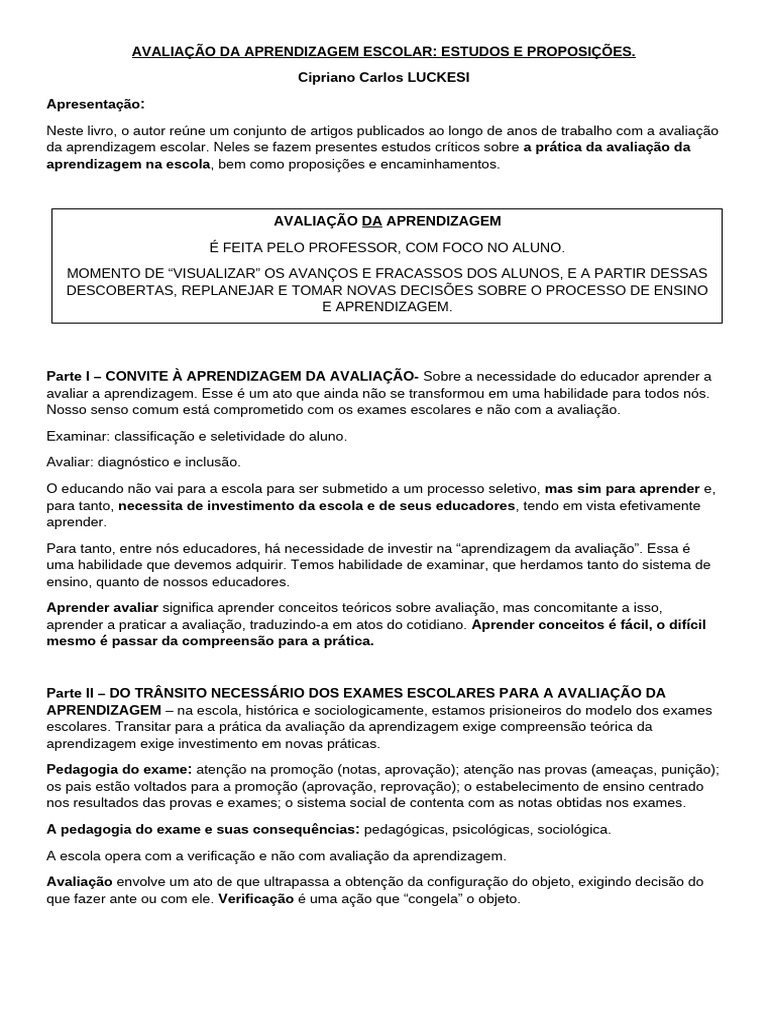 Avaliação da Aprendizagem Escolar: Luckesi | PDF | Aprendizado | Avaliação
