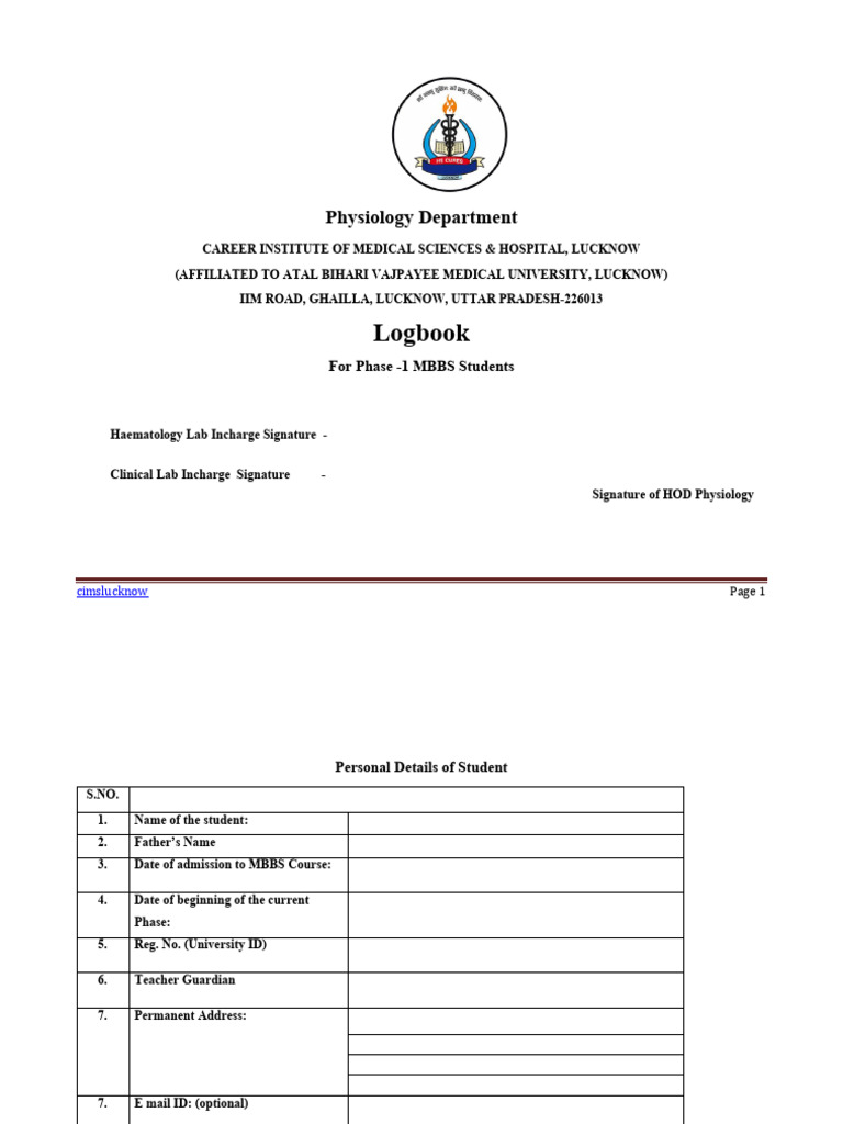 Physiology Logbook for MBBS Students | PDF | Heart | Red Blood Cell