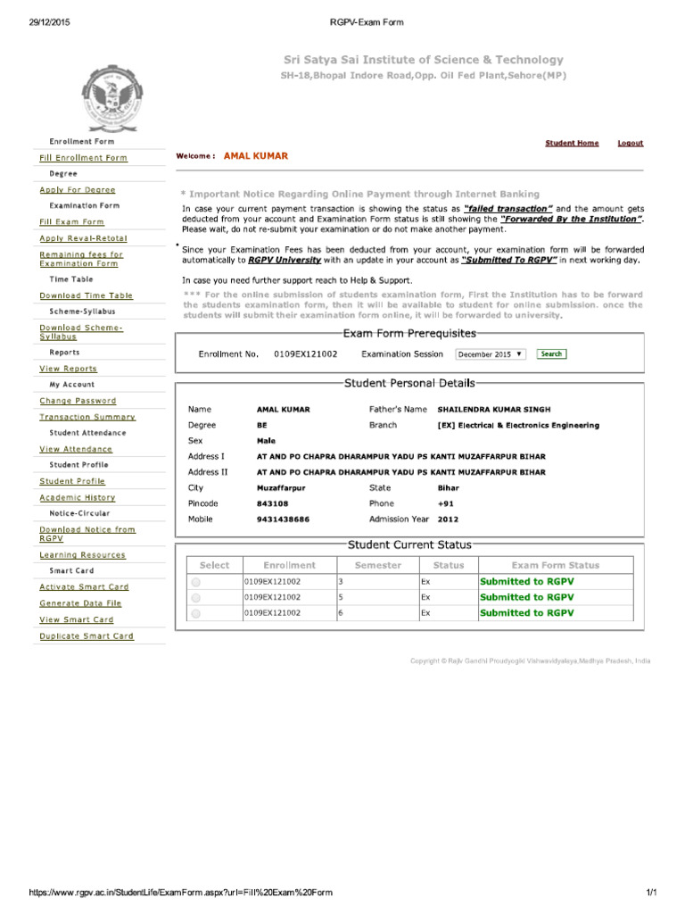 RGPV Exam Form | PDF